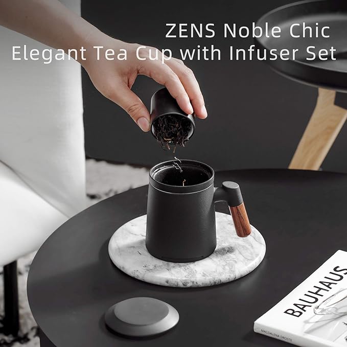 ZENS Tea Cup with Infuser and Lid for Loose Leaf Tea Steeper, 12oz Black Ceramic Tea Mug with Wood Handle for Tea Lovers Gifts