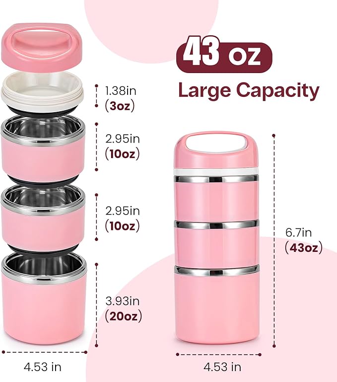 Lille Home Stackable Stainless Steel Lunch Containers, 43OZ Capacity 3 Layers Leakproof Bento Box for Adult, Portable Lunch Box for Women, Man, Travel, Office with Lunch Bag(Pink.Pro)
