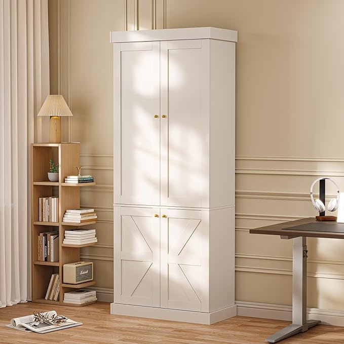70.8" Tall Farmhouse Kitchen Pantry Cabinet with Doors, Modular Storage Cabinet with 4-Tier Adjustable Shelves, White, Wooden Hutch for Kitchen, Living Room, Set of 4