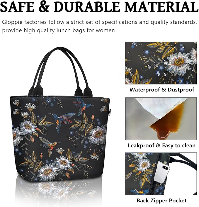 Gloppie Womens Lunch Bags for Work Leakproof Lunch Bag Women Insulated Lunch Tote Cooler Bag Loncheras para mujer Hummingbird Daisy 9L