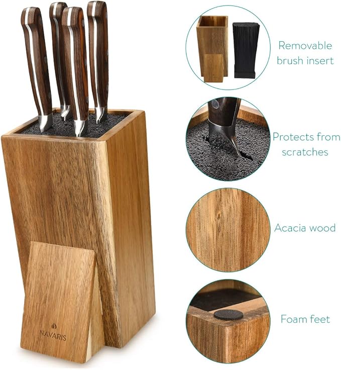 Navaris Universal Knife Block Holder - Acacia Wood Stand with Bristles to Fit Different Sizes of Knives - Angled Design, 9.8" x 5.9" x 4.1’"