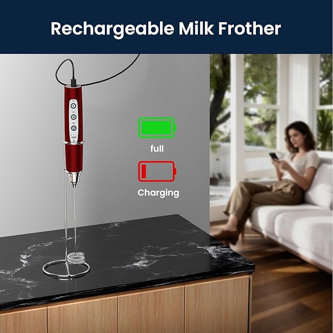 Milk Frother with Stand Rechargeable-Handheld Frother Wand with 3 Stainless Whisks 3 Speed Adjustable, Electric Whisk Drink Mixer, Foam Maker Blender for Matcha Latte Cappuccino Chocolate