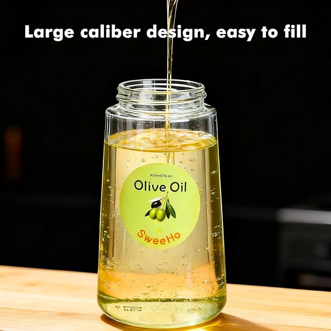 Oil Sprayer for Cooking,470ml Cooking Olive Oil Sprayer and Oil Dispenser 2 In 1, Food-grade Glass Oil Spray Bottle Mister for Air Fryer, BBQ, Griddle (Black+transparent glass and color label)