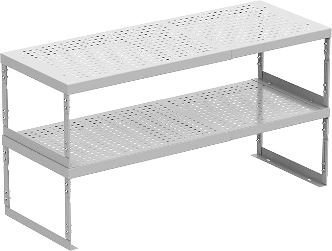 Stackable Expandable Metal Shelf Organizer - Adjustable Wire Storage Rack with Holes for Kitchen, Bathroom, Cabinet, Office - Space Saving, Durable & Sturdy Design（2PACKS/Medium/White