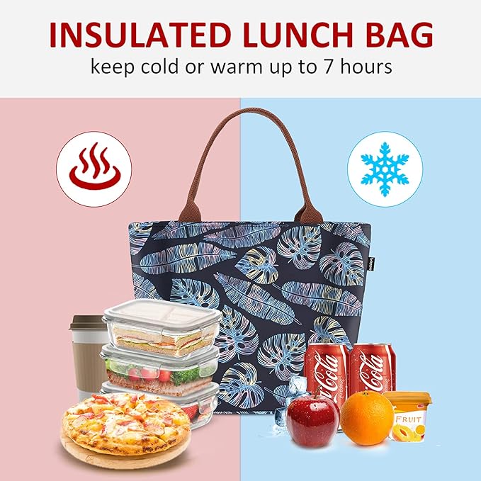 Gloppie Lunch Box for Women Adult Lunch Bag Women Insulated Lunch Tote for Work Loncheras para mujer 9L Yellow Blue Leaves