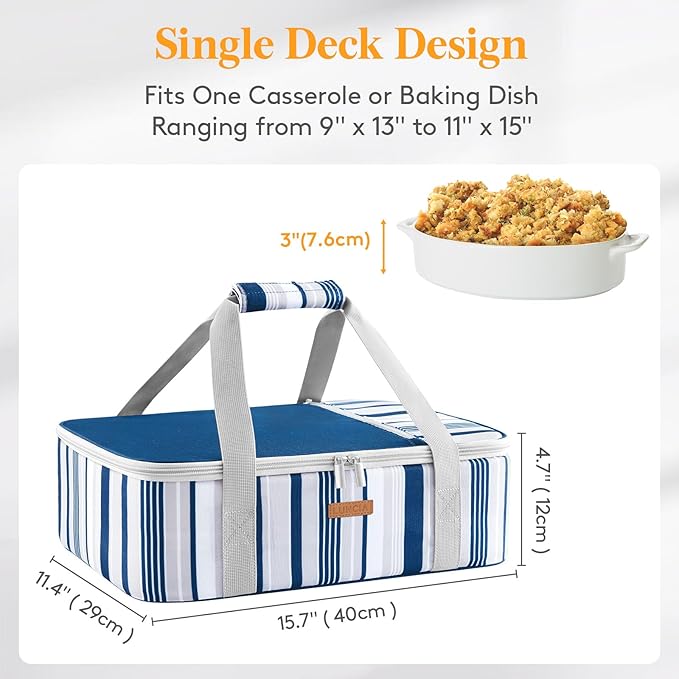 LUNCIA Insulated Casserole Carrier for Hot or Cold Food, Lasagna Lugger Tote for Potluck Parties/Picnic/Cookouts, Fits 9"x13" Baking Dish, Blue