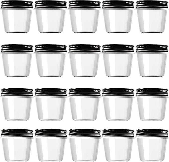 Novelinks 4 oz Clear Plastic Jars with Black Lids – Small Round Reusable Containers for Food, Spices, Crafts, Travel – BPA-Free Storage Jars for Kitchen & Household Organization, 20 Pack