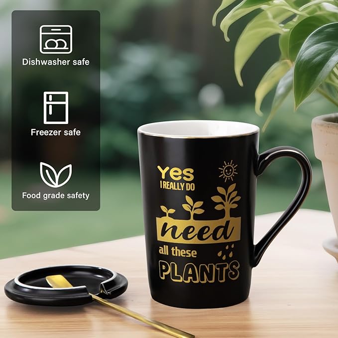 Crazy Gardening Gifts for Women Men - Plant Lover Gift Coffee Mug, Garden Gifts for Gardeners, Plant Lady, Mom, Dad, Son, 14oz Black Ceramic Mug with Gold Print, Lid, Spoon Card, Luxury Gift Boxed