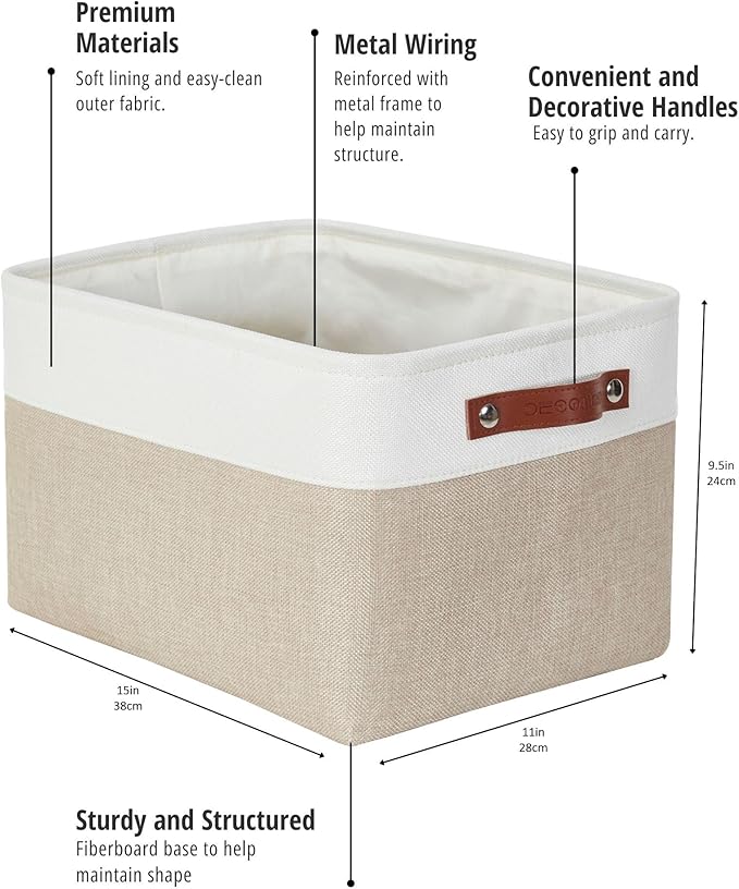 DECOMOMO Storage Baskets for Shelves - Fabric Storage Bins, Linen Closet Organizers and Storage (Beige & White, Large - 4 Pack)