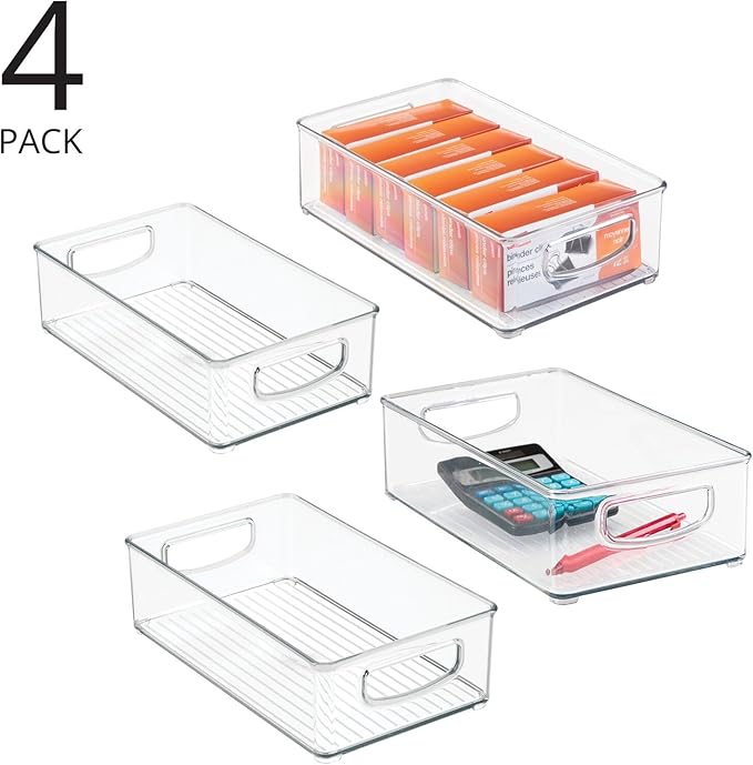 mDesign Small Plastic Office Storage Container Bins w/Handles for Organization in Filing Cabinet, Closet Shelf, Desk Drawers, Organizer for Notes, Pens, Pencils - Ligne Collection, 4 Pack - Clear