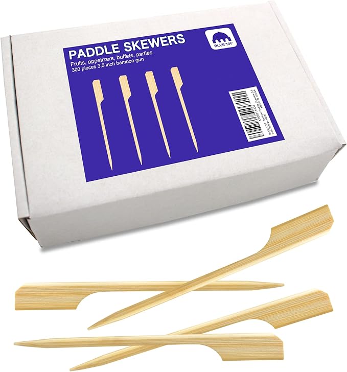 BLUE TOP 300Pcs Bamboo Paddle Picks, 3.5 Inch Sturdy Flat Skewers Food Appetizer Toothpicks for for Fruit, Grilling, Drink, BBQ, Barbecue, Yakitori Chicken, Fondue, Roasting,Cocktail, Marshmallow