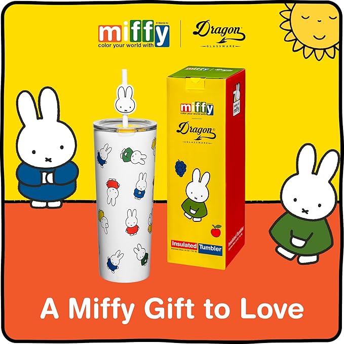 Dragon Glassware | Miffy 24 oz Vacuum Insulated Tumbler with Lid and Straw - Tumbler Cup with 2 Straws - Stainless Steel Tumbler with Straw Topper for Water, Iced Tea - Iconic