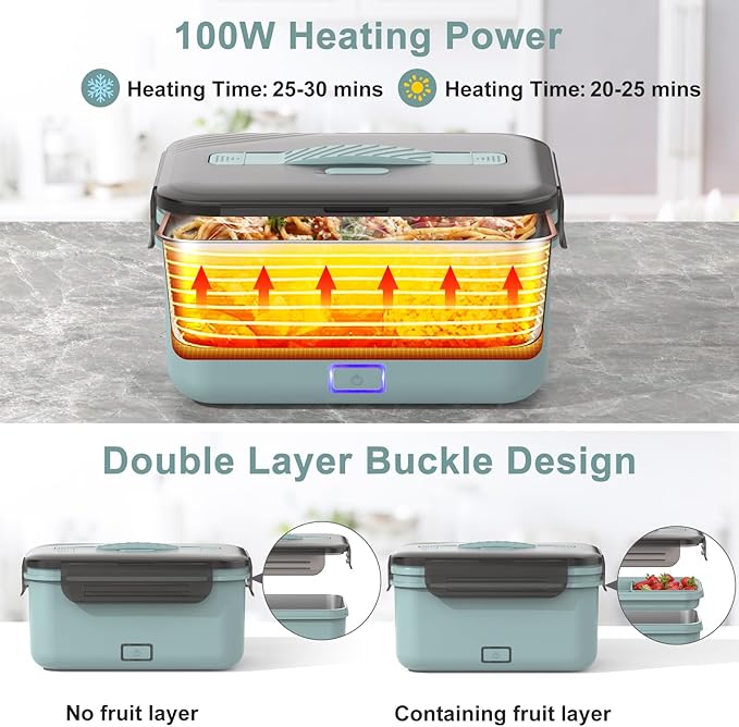 Electric Lunch Box Food Heater 100W, 4 in 1 Ultra Quick Heated Lunch Boxes for Adults 12V/24V/110V/220V Portable Food Warmer for Car/Truck/Office With Fork Spoon and Insulated Carry Bag