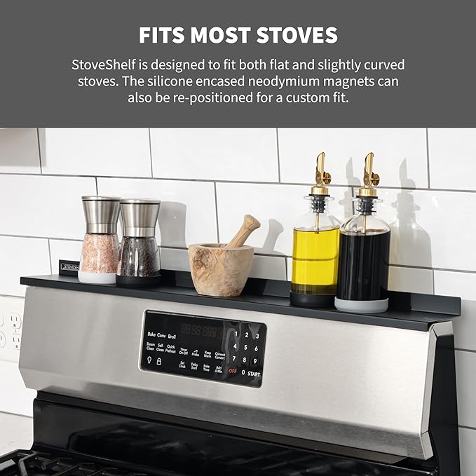 StoveShelf 20" Apartment Length Black Magnetic Shelf for Kitchen Stove - Kitchen Storage Solution with Zero Installation - Over Stove Spice Rack Organizer