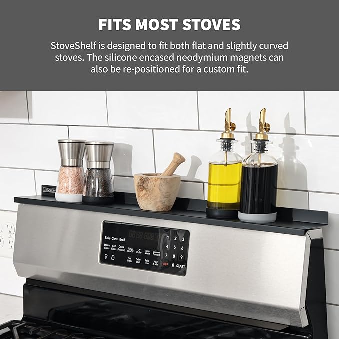 StoveShelf 24" Apartment Length Black Magnetic Shelf for Kitchen Stove - Kitchen Storage Solution with Zero Installation - Over Stove Spice Rack Organizer