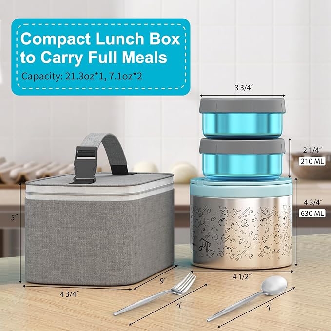 Lille Home Portable Insulated Lunch Box Set with Stainless Steel Cutlery, vacuum lunch box, to Keep Food Warm or Cool, Two Containers for Fruits and Sauces, Durable and Leak-Proof(Blue)