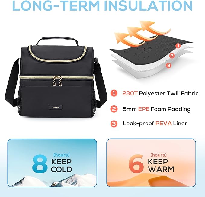 TOURIT Insulated Lunch Bag with Dual Compartment, Leakproof Cooler Tote for Work Office Picnic, Thermal Food Container Black