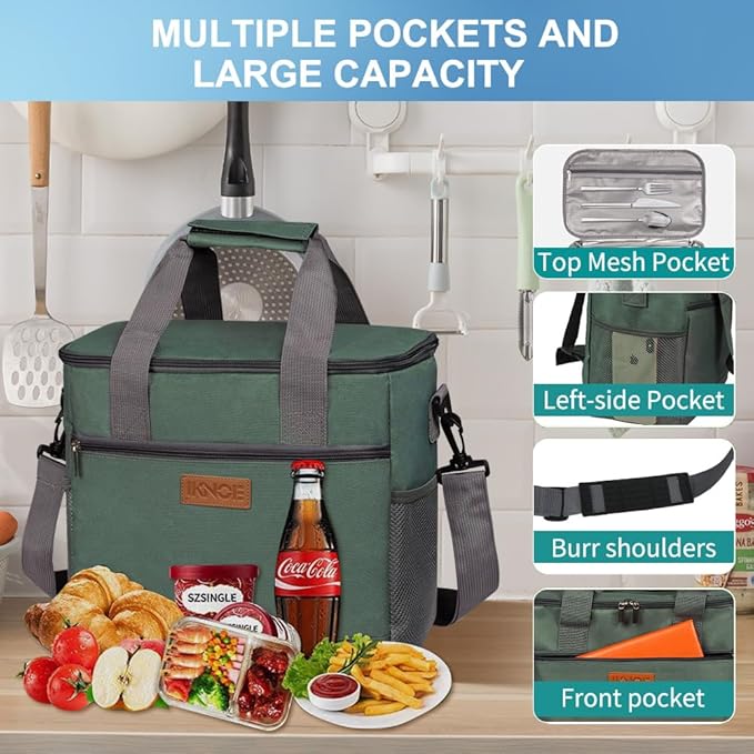 Iknoe Large Cooler Bag Collapsible 24 Can Insulated Bags Leakproof Lunch Cooler Tote with Multi-Pockets for Adult Insulated Thermal Bag for Beach, Picnic, Office Work(Grayish Green)