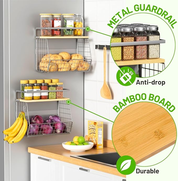 Ofiray-home Magnetic Fridge Shelf with Wood Lid, Fruit Potato Onion Storage Bins, Pantry Organizers, Large Container Spice Rack for Refrigerator, Kitchen Counter, Cabinet (2, Silver)