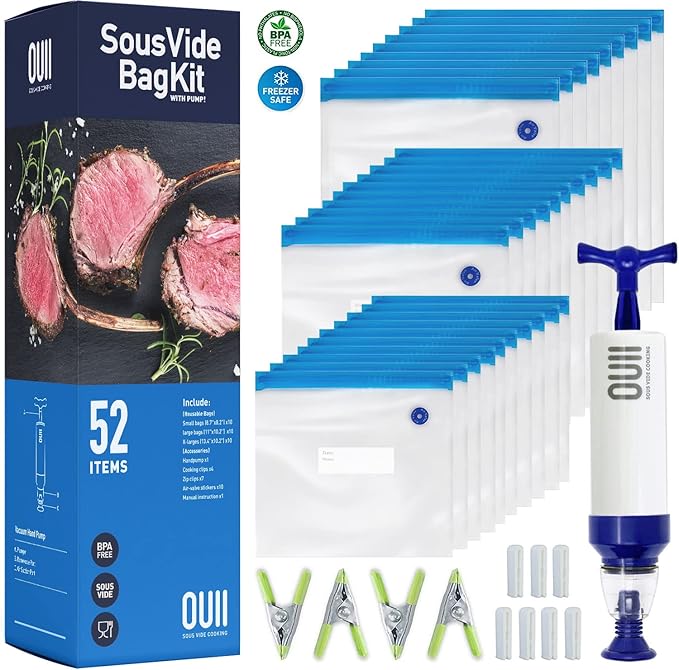 Sous Vide Bags for Joule and Anova Cooker - 52 Pieces Kit with Vacuum Sealer Bags, Hand Pump, Clips - 3 Bag Sizes, Food Storage, Meal Prep - Fits Any Sous Vide Cooking Machine