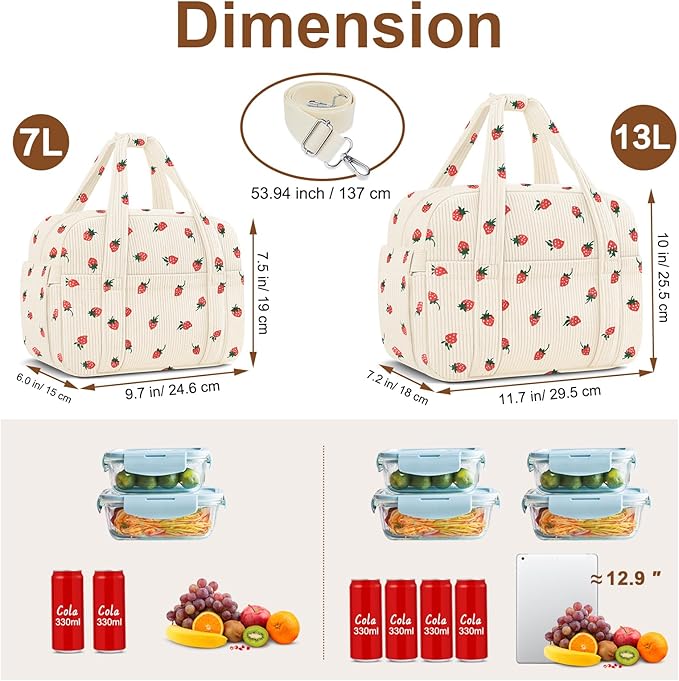 Corduroy Lunch Box Lunch Bag for Women Men, Cute Strawberry Small Insulated Reusable Work Leakproof Simple Lunch Boxes Tote Bag Adults Cooler Bag
