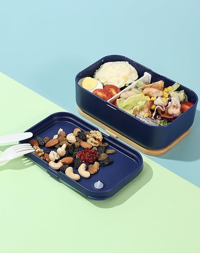 Bento Box for Adult Lunch Containers with Utensils for Men/Women Blue - Natural Bamboo Lid, Chopsticks, Microwave Safe, Dishwasher Safe, Bpa Free, Gifts for Women, Cute, Small