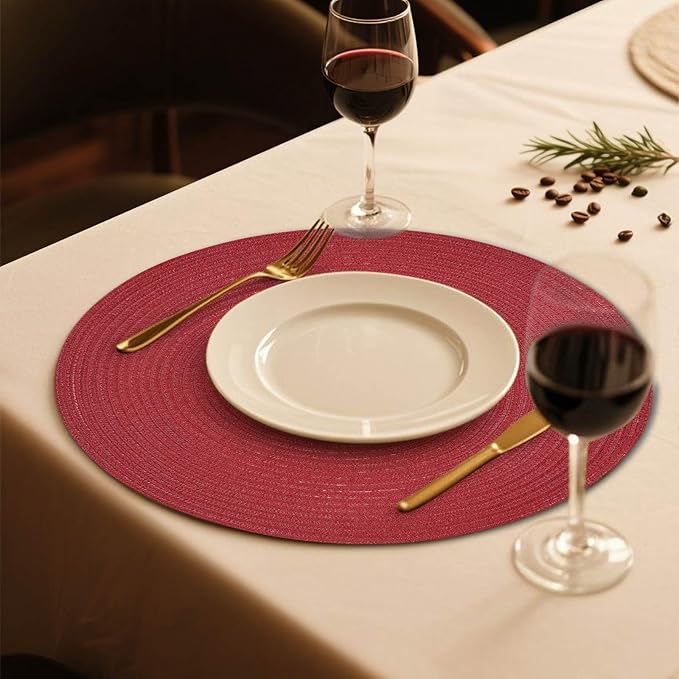 FunWheat Round Braided Placemats Set of 8 Place mats for Dining Tables Woven Heat Resistant Table Mats 15 inch (Wine,8pcs)