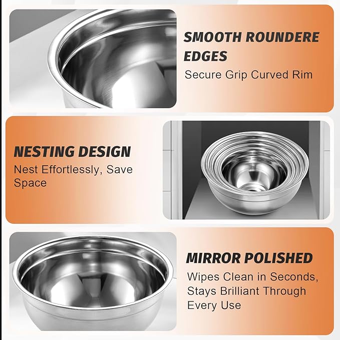 BEWOS Mixing Bowls with Airtight Lids Set - 5 Pcs Stainless Steel Mixing Bowls With 3 Grater Attachments, Size 4.5, 4, 3.5, 2.1, 1.5QT Metal Bowls for Baking and Serving (Black)