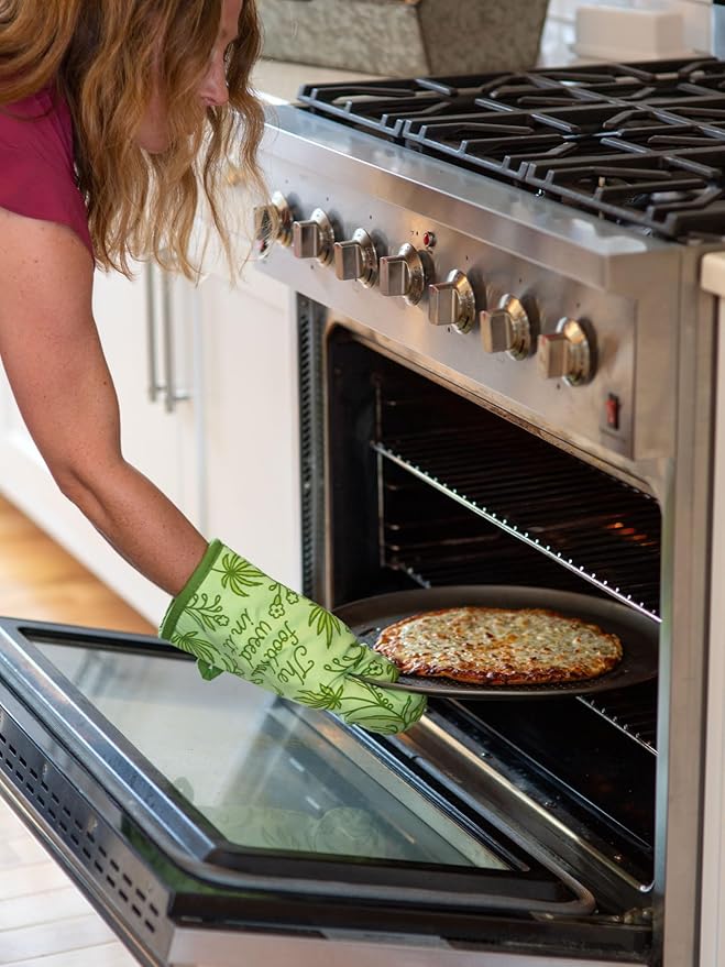 Blue Q Food Has Weed in It Funny Oven Mitts - Cute Oven Mitts, Home Kitchen Gifts, Cooking Accessories, Super-Insulated Quilting, Comfy Natural-Fitting Shape, 100% Cotton, Size 12.5" L x 7.5" W