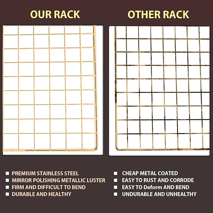BRIOUT Cooling Rack for Baking, 16x10 Inches Baking Rack, Thick Wire Cookie Rack for Cooking, Roasting, Grilling, Drying, Oven Safe, Fits Half Sheet Pan, Gold