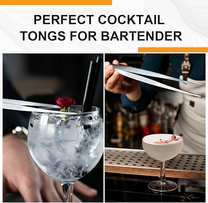 Yaomiao 4 Packs Bar Tweezers Long Garnish Tongs Bar Tweezers Stainless Steel Korean Bbq Tongs for Bartender Cocktail Cooking Food(Silver,10 Inch)