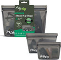 (re) zip 3-Piece Stand-Up Reusable Bag Kit | BPA-Free, Food Grade, Leakproof, Travel Friendly, Freezer and Dishwasher Safe | Quart (1), 2-Cup (1), Snack Size (1) | Solid Gray