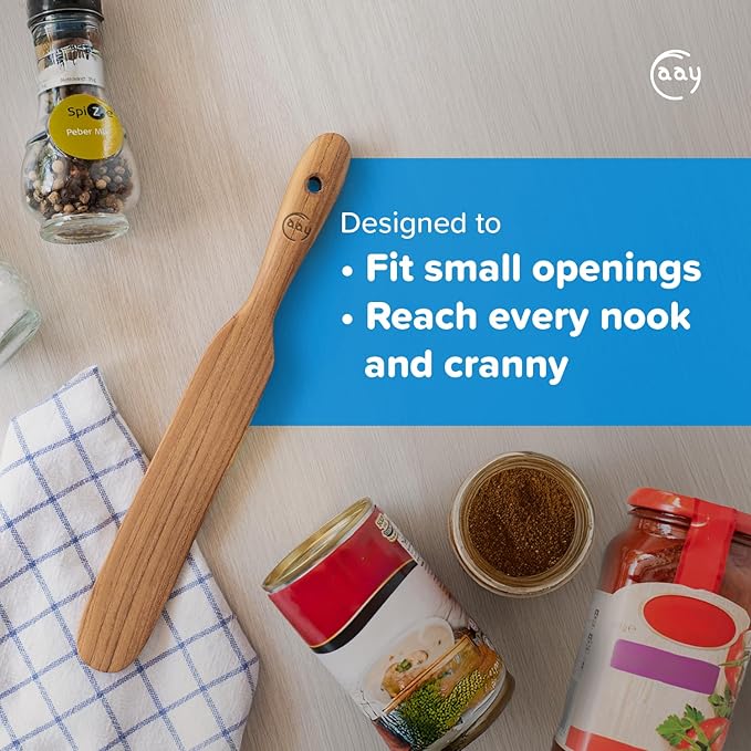 FAAY Handmade Teak Spurtle for Sourdough Starter – Wooden Stirring Stick & Mixing Tool for Deep Jars | Nonstick-Safe, Finished with Coconut Cooking Oil, Crafted in Thailand