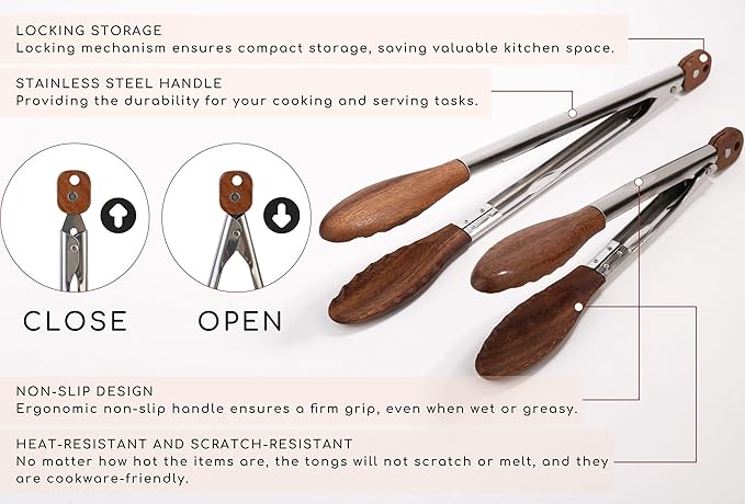 Kitchen Tongs Set - 9" & 12" Anti-Slip Long Wooden Cooking Tongs for BBQ, Grilling, Salad Tossing & Serving - Heat Resistant, Non-Stick Stainless Steel Handles with Hanging Hole