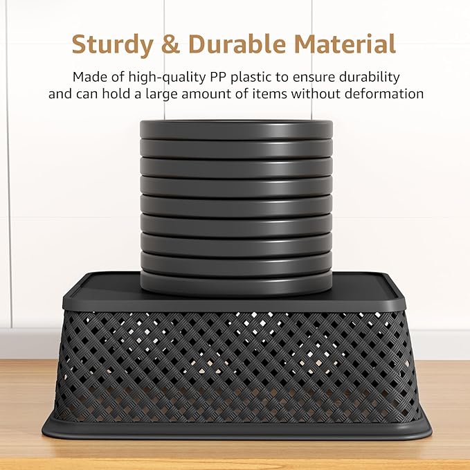 MaxGear Organization and Storage 3 Packs, Plastic Bins Organizer Bins, Woven Baskets for Storage, Plastic Baskets with Handles, Black Basket for Organizing, Basket Organizer for Home and Office, Large