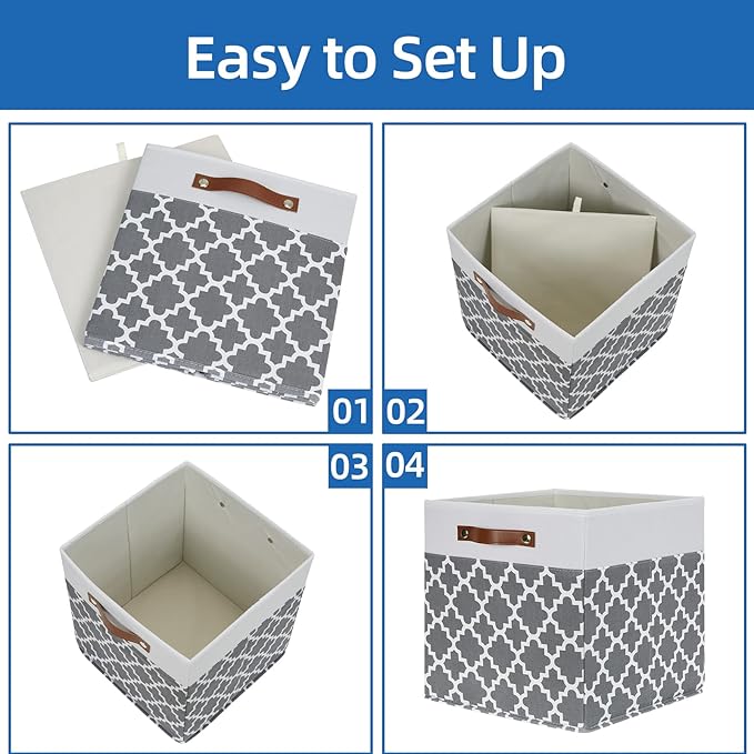 Temary Cube Storage Bins 13x13 Cubes Storage Bins for Shelf, 4 Pack Cube Storage Bins for Organizing Storage Basket with Handles(Grey Lattice)