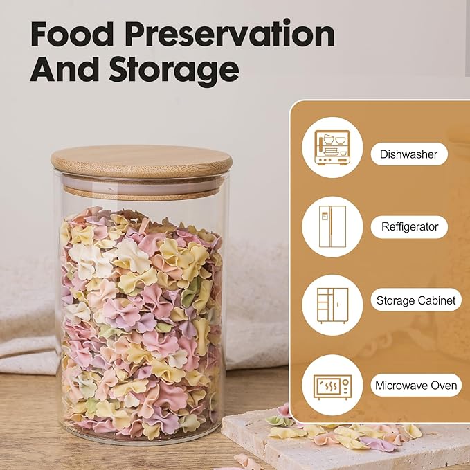 YUNCANG Glass Food Storage Jars 37oz [Set of 6],Clear Glass Food Storage Containers with Airtight Bamboo Lid Stackable Kitchen Canisters for Candy,Cookie,Rice,Sugar,Flour,Pasta