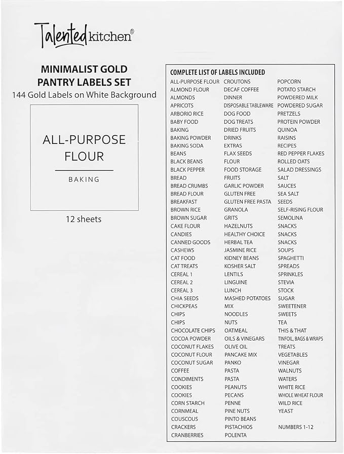 Talented Kitchen Labels for Storage Bins - Water-Resistant Food Container Stickers - Vinyl Jar Labels with Gold Text - Preprinted Pantry Container Stickers - 2.5 x 2.5 in, Pack of 144