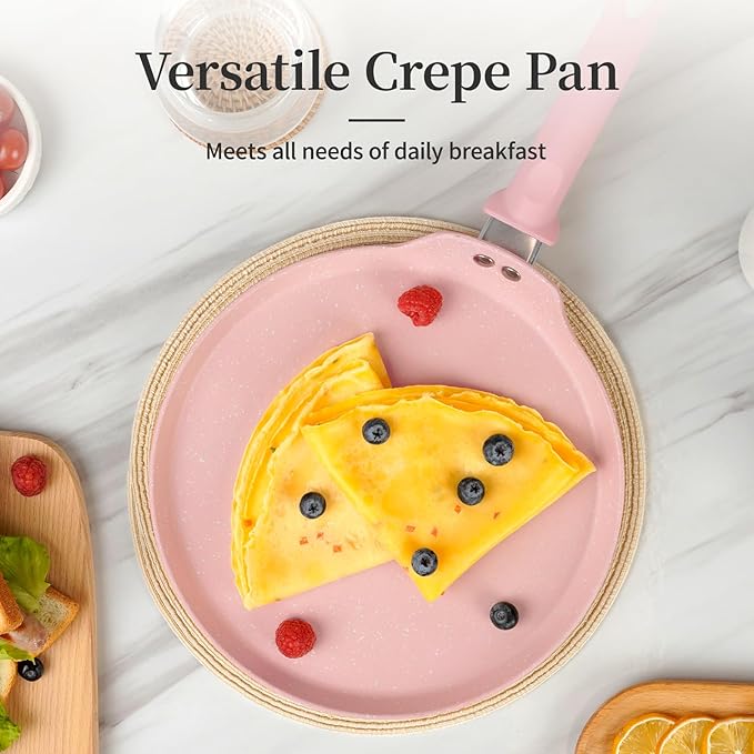 Innerwell 11 inch Nonstick Crepe Pan, Granite Coating Flat Skillet Dosa Tawa Tortilla Pan, Pink Large Pancake Griddle Comal Pan, Compatible with All Stovetops, PFOA Free