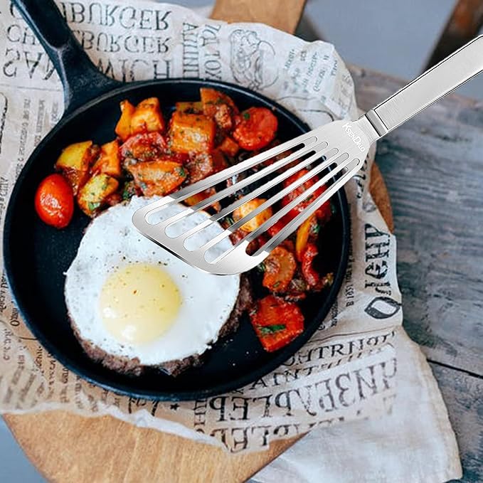 KSENDALO Fish Spatula Stainless Steel, Egg Flipper Spatula with Thin Flexible Slotted and Angled Blade for Kitchen Cooking, Grill, Camping, Essential Metal Spatulas,Silver Kitchen Utensils Set