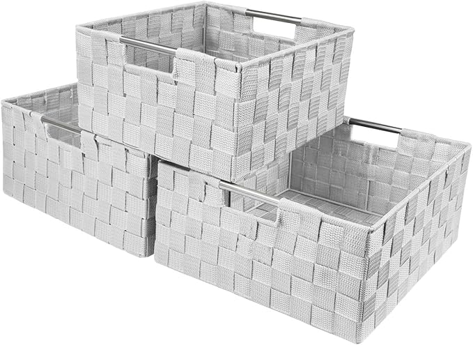 Sorbus Storage Box Woven Basket Bin Container Tote Cube Organizer Set Stackable Storage Basket Woven Strap Shelf Organizer Built-In Carry Handles (White)