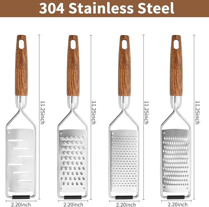 Professional Cheese Grater Stainless Steel,Multi-Purpose Grater With Wood Handle for Cheese, Ginger, Lemon, Garlic, Nutmeg,Fruits,Chocolate & Spices-Wideboard (fine)