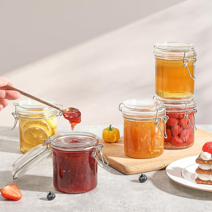 ComSaf 8oz Small Airtight Glass Jars Set of 6 with Lid Food Storage Jar Round, Mini Storage Container with Clear Preserving Seal Wire Clip Fastening for Kitchen Canning, Jam, Spice, Honey, Mason Jars