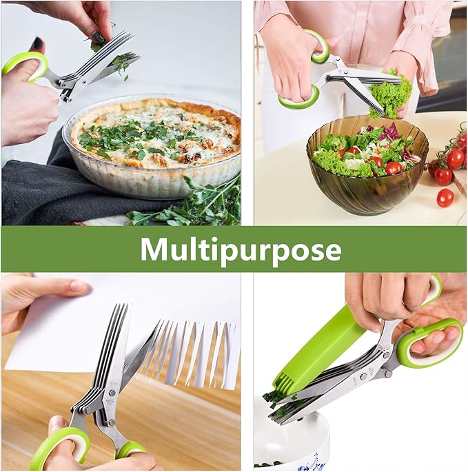 Herb Scissors, X-Chef Multipurpose 5 Blade Kitchen Herb Shears Herb Cutter with Safety Cover and Cleaning Comb for Chopping Basil Chive Parsley (Green)