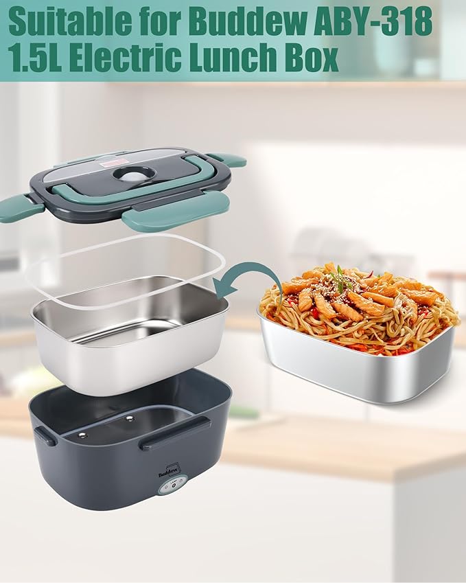 Buddew 1.5L 304 Stainless Steel Inner Container Electric Lunch Box, Removable Replacement Tray with Sealed Silicone Cover, Easy to Clean, Eco Friendly and Dishwasher Safe
