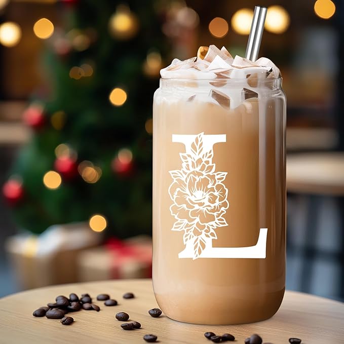 Coolife Initial Glass Cup, Monogrammed Gifts for Women, 16 oz Glass Cups w/Lids Straws, Iced Coffee Smoothie Beer Tumbler w/Straw Lid - Personalized Christmas, Birthday Gifts for Her Mom Friend Woman