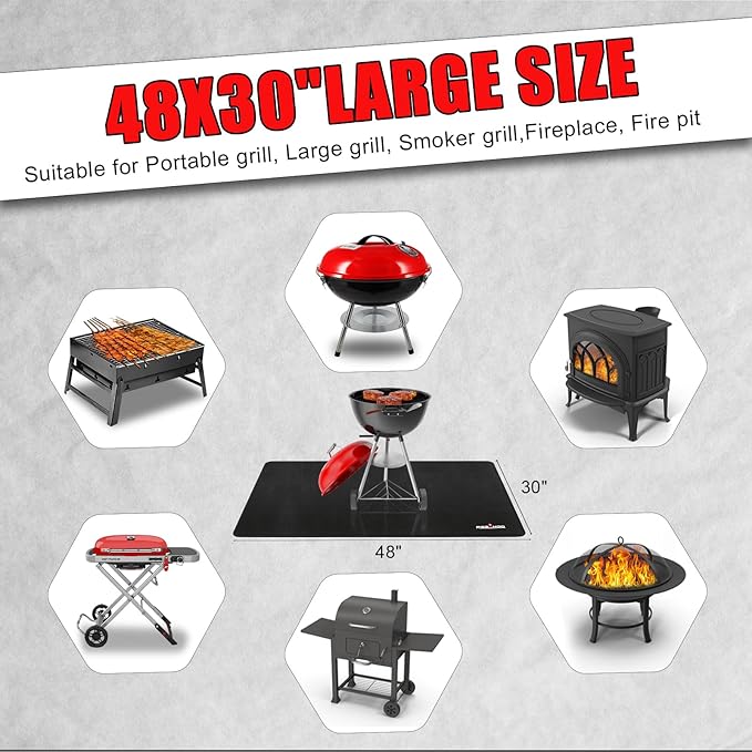 Upgrade 48 x 30 Inch Under Grill Mats for Outdoor Grill, 5-Layer Fireproof/Waterproof/Oil-Proof Grill Pad, Indoor Fireplace/Fire Pit Mat, Deck/Patio/Lawn Protector Mat for Flat Top,Smokers, Gas Grills