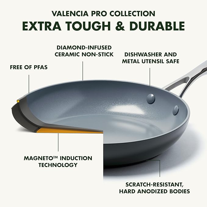 GreenPan Valencia Pro Hard Anodized Healthy Ceramic Nonstick 8" Frying Pan Skillet, PFAS-Free Cookware, Stainless Steel Handle, Induction Suitable, Dishwasher Safe, Oven Safe, Gray