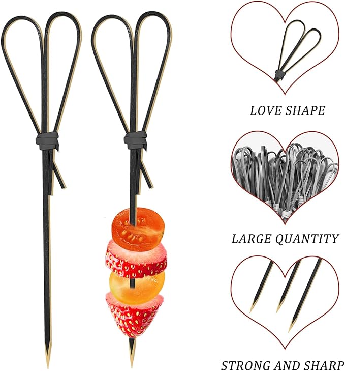 500 Pieces Black Heart Shaped Bamboo Sticks Long Toothpicks for Appetizers Cocktail Picks for Drinks 4.7 Inch Bamboo Skewers for Appetizers Charcuterie Boards Accessories