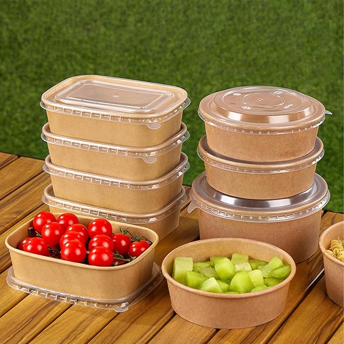 50-Pack 35oz Disposable Kraft Paper Bowls【with Lids and Forks】, Large Meal Prep Containers To Go Food Prep Containers, Leakproof Paper Bowls Treat Soup Serving Bowl, Microwave Safe for Hot/Cold Food